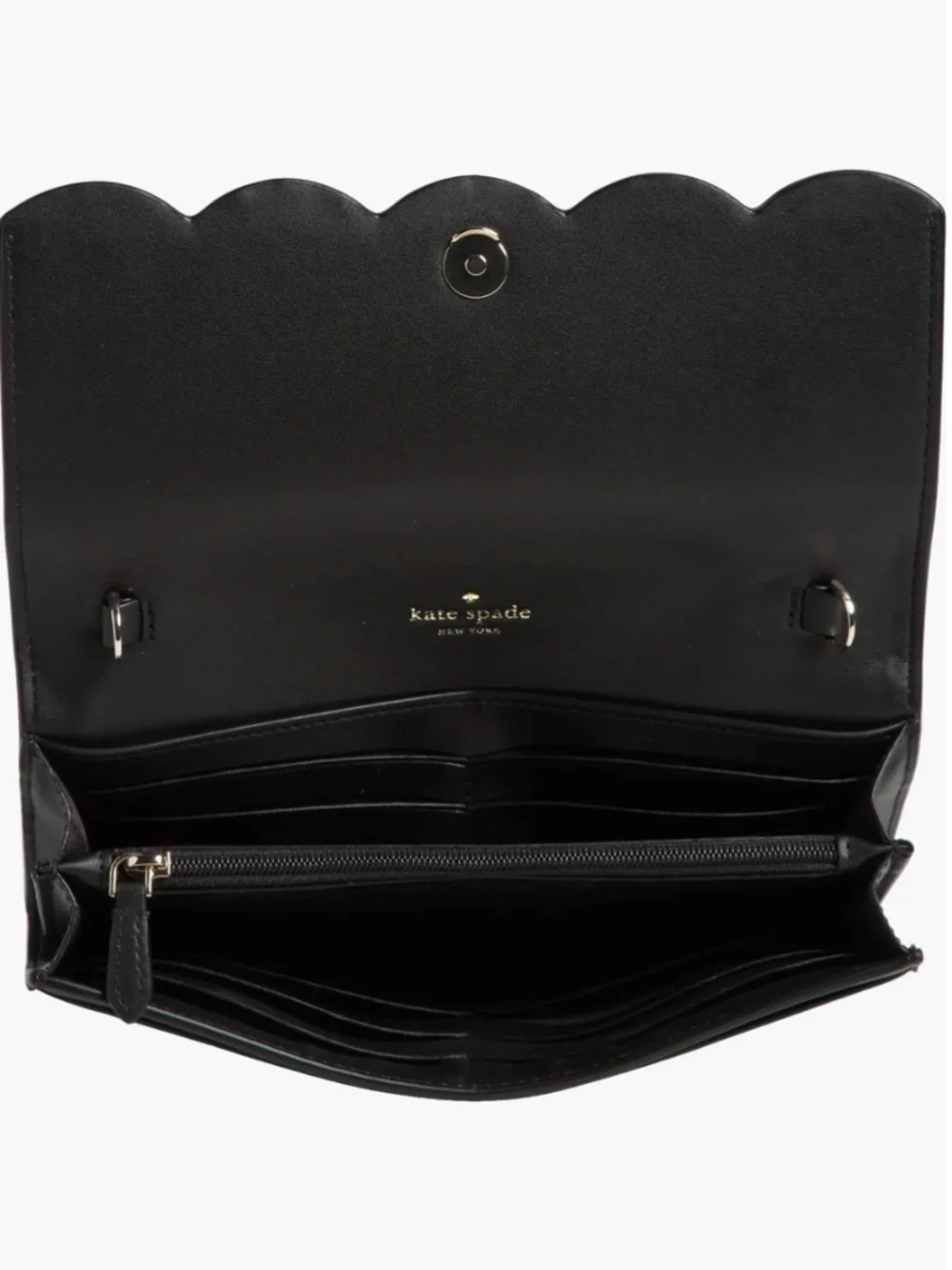 kate spade Gemma Black Leather Scalloped Crossbody Wallet on a Gold Chain NEW